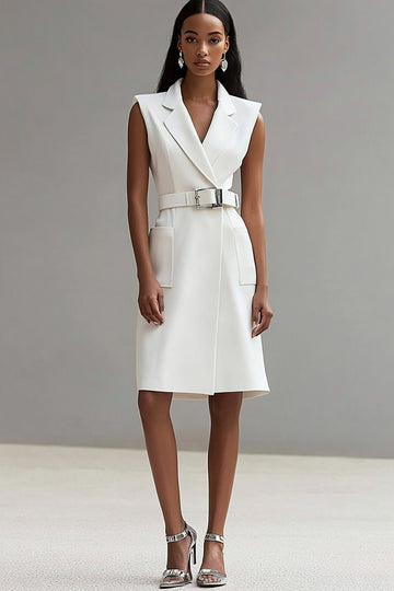 A Line Ivory V-Neck Midi Dress with Belt